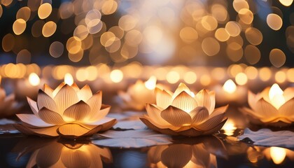 buddhist vesak holiday visual with luminescent lotuses for use in festive and cultural contexts copy space background