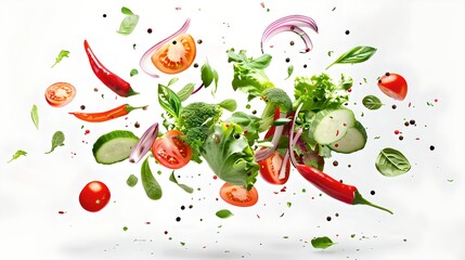 Floating fresh vegetables on white background, dynamic and vibrant kitchen scene with copy space. Healthy eating and cooking concept. Levitation food photography. AI