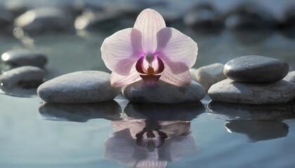 set of pink orchid and gray spa stones on water and reflection