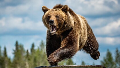 angry grizzly bear in rage sprinting in water tower