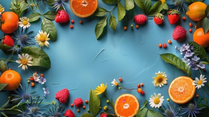 Blue Background With Oranges, Raspberries, and Flowers