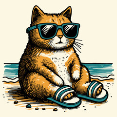 chubby cat wearing slippers and sunglasses on the beach summer illustration - obrazy, fototapety, plakaty