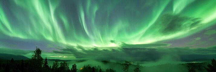 The sky is filled with green auroras, creating a serene and peaceful atmosphere. The trees in the background add to the natural beauty of the scene - obrazy, fototapety, plakaty