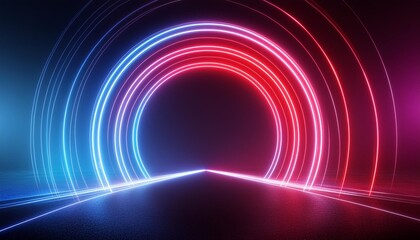 3d render abstract futuristic neon background rounded red blue lines glowing in the dark ultraviolet spectrum cyber space minimalist wallpaper