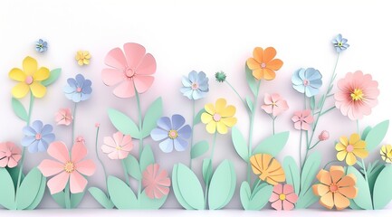 3d paper cut style, pastel color background , flowers around the wordings, white space in center of composition for product display