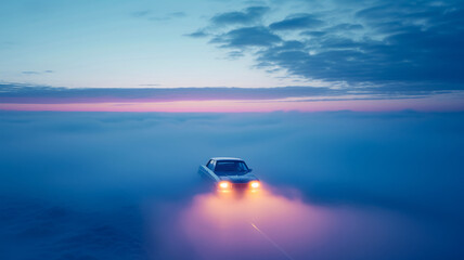 A car is driving through a foggy, misty sky