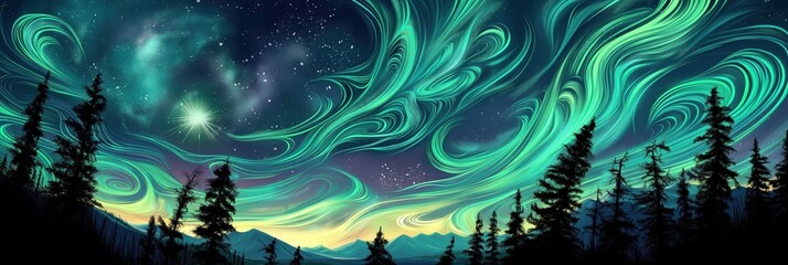 A beautiful painting of a starry night sky with a green swirl of light. The painting is of a forest with trees in the background. The mood of the painting is serene and peaceful