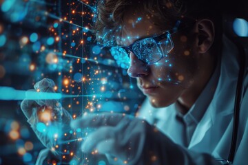 A focused scientist in a lab coat analyzes glowing molecular models in a high-tech research environment