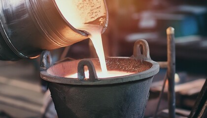 process of casting in foundry liquid molten metal pouring in ladle heavy metallurgy industry - Powered by Adobe