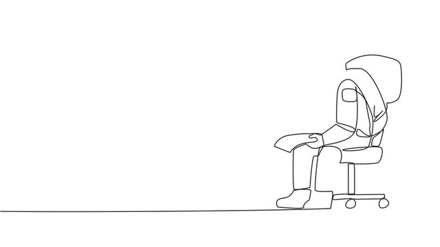 Animated self drawing of continuous line drawing sad astronaut sits limply in a chair. Pensively holding a piece of bill paper. The large of receivables. Full length single line animation