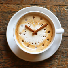A white cup of coffee with a clock made of cappuccino foam and cinnamon sticks. Time concept. Top view detailed photo