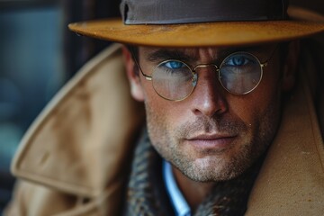 A man in a trench coat standing by a railing, embodies timeless style in an urban setting