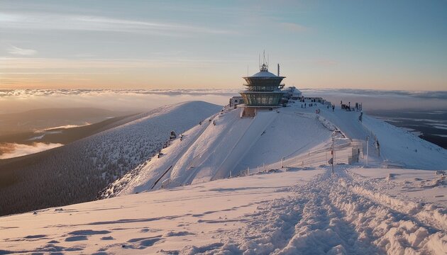 first snow in november in karkonosze mountains sunrise in sniezka peak the highest mountain in sudety range