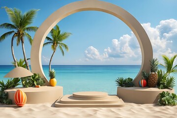 Fototapeta premium Beach podium summer background sand product 3D sea display platform. Beach podium summer banner stand scene sale sky holiday vacation stage water island sun travel pedestal promotion presentation ad.