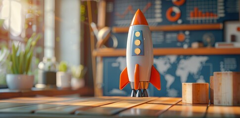 3D rendering of a rocket standing on a wooden table with a blurred background of a business chart and wood blocks in the style of a cartoonish character design