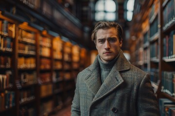 Confident man with a 1920s look poses thoughtfully in the midst of a traditional library setting