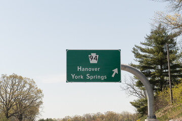 Exit sign on US-15 for PA-94 toward Hanover and York Springs Pennsylvania