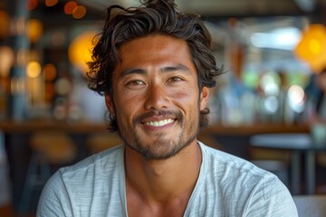 Obraz premium A man with a bright smile features dimpled chin and casually styled hair, with a soft-focus restaurant setting