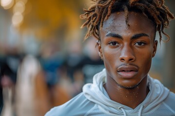 Serious expression of a young athlete with dreadlocks and a focused look