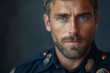 Obraz premium Detailed portrait of a handsome male police officer with intense blue eyes and a thoughtful countenance, captured in close-up