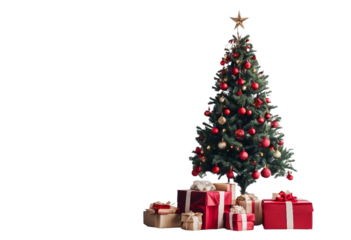 Christmas Tree with Red decorations and Gifts Holiday concept isolated on transparent background