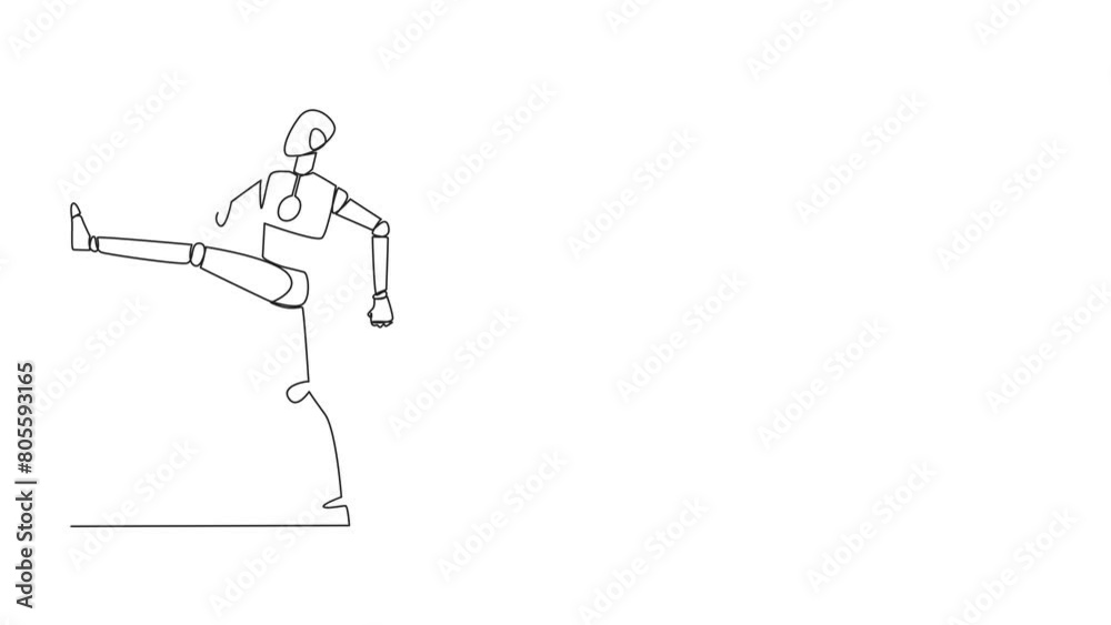 Poster self drawing animation of single continuous line drawing robot doing kicking motion. stretch before 