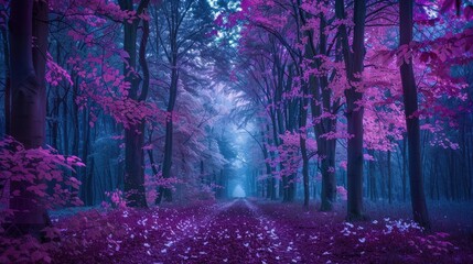 Obraz premium A forest with purple leaves and dark blue sky