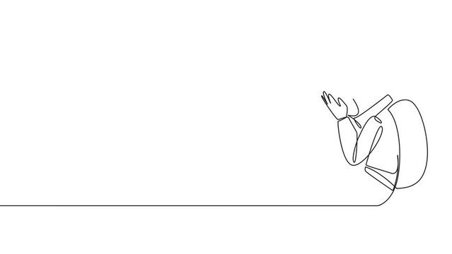 Animation of continuous line drawing astronaut sitting while covering face. An unhappy astronaut bemoans the fate of a business. Failure business. One line self drawing animated. Full length motion