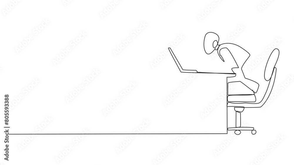 Poster animation of one line drawing robot sitting and typing on laptop computer. work hard to achieve maxi