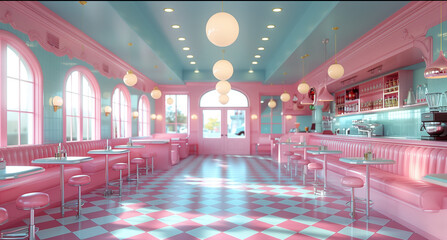 Cute vintage ice cream parlor interior with a pink and turquoise color scheme and pastel colors. Retro ice cream parlor: Sweet pastel nostalgia. Vintage 1950s cafe interior.