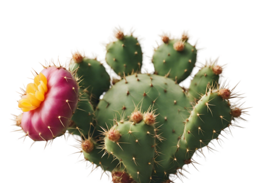 Close up on Prickly pear cactus with one fruit isolated on transparent background