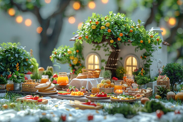 Enchanted garden setup for food photography or event styling.
