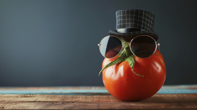 Super Natural Tomato in Sunglasses and Bowler Hat with Room for Text on the Left