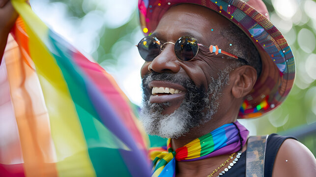 Senior black african american gay man celebrating pride festival with rainbow flags, candid LGBTQ  summer parade