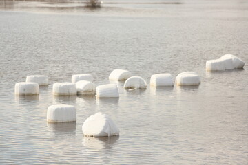 Packed hay rolls in white plastic on a flooded field