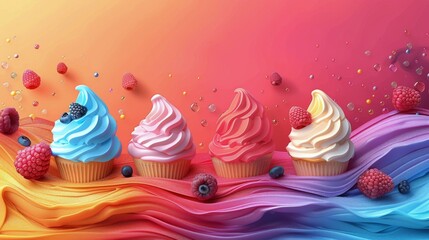 Pink Background With Ice Cream Cones and Berries