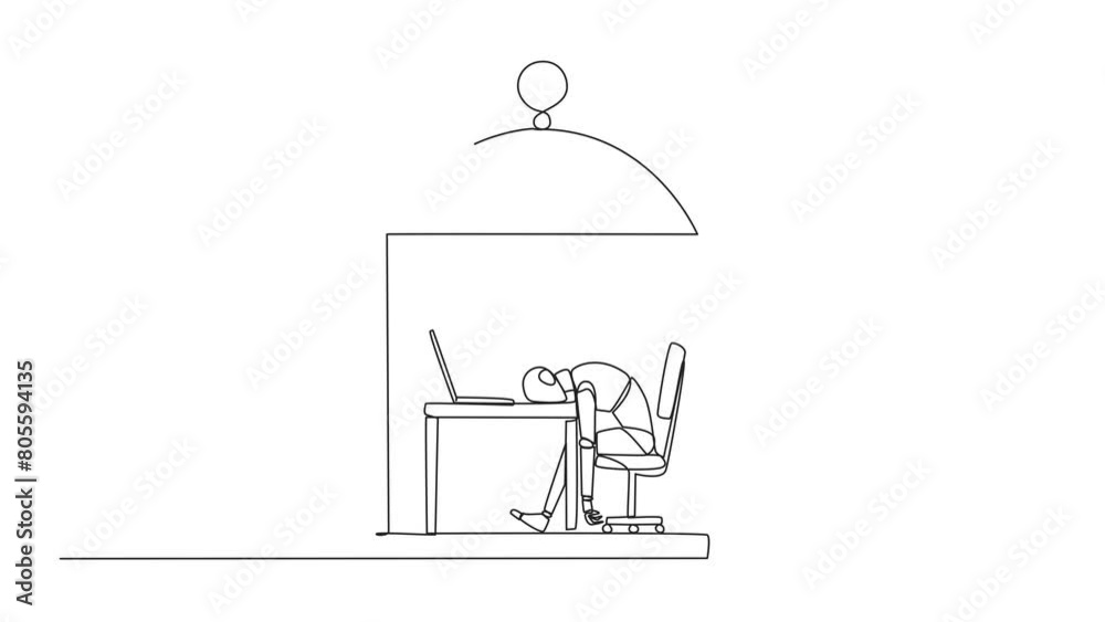 Poster animation of one line drawing robot trapped in cage asleep on laptop. tired of repetitive routines. 