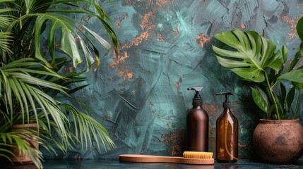 Bottle of Soap, Brush, and Plants on Table