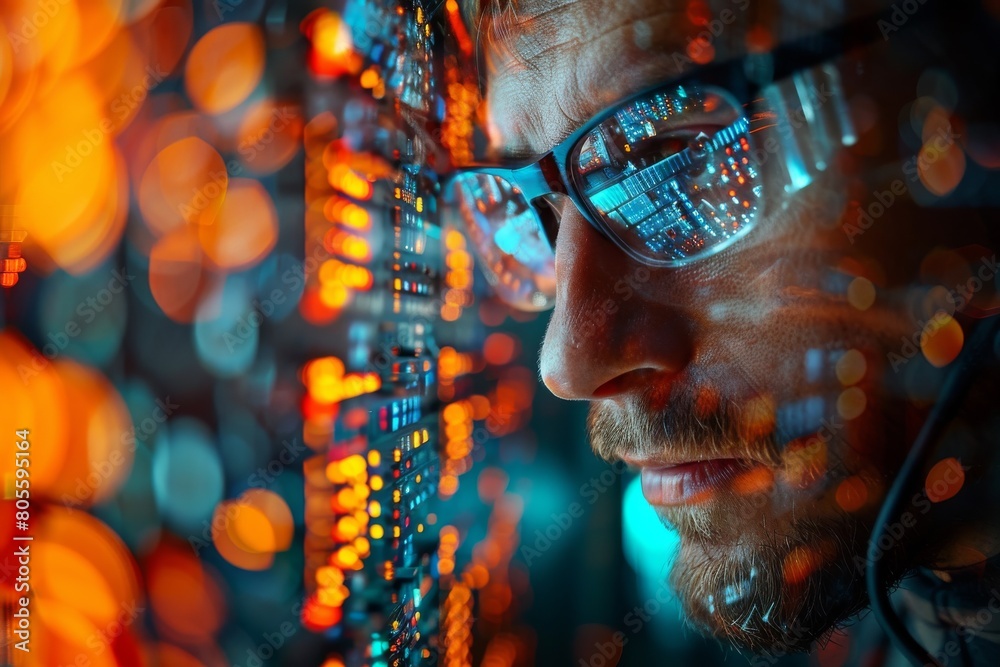 Poster a close-up of a circuit board seamlessly transitions to a blur of glowing bokeh lights, creating a c