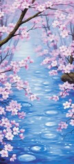 Blue River With Pink Flowers Painting