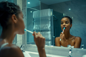 American woman, just awake, brushing her teeth before heading to work.