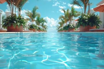 Fototapeta premium A luxurious pool surrounded by lush tropical plants and clear blue water emits a sense of relaxation