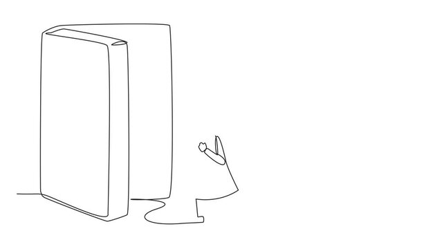 Animated self drawing of continuous line drawing girl opened the book-shaped door. Books can open mind and see everywhere. Increase knowledge about the wider world. Full length single line animation
