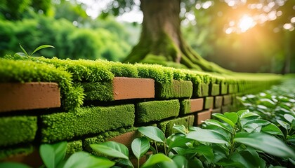 a brick wall covered in moss with a tree in the background creating a natural landscape with terrestrial plants and grass growing nearby