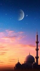 Mosque Silhouetted Against Crescent Moon