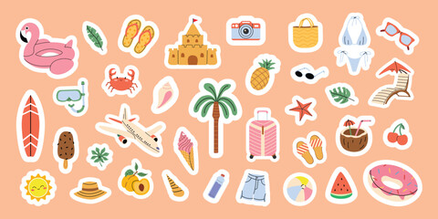 Large set of summer stickers. Fruit, palm tree, flamingo, flip flops, suitcase. Beach accessories, tourism. Elements for scrapbooking.  Flat vector illustration on peach isolated background.