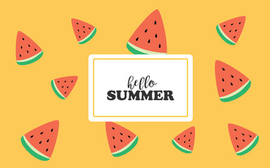 Vector summer background, banner. Bright summer background with watermelons and the inscription Hello summer.