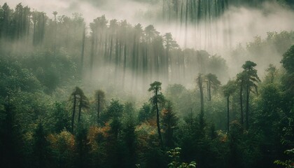 panoramic background of forest covered by fog