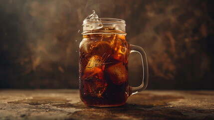 Cold brew coffee served over ice in a mason jar with a splash of milk.