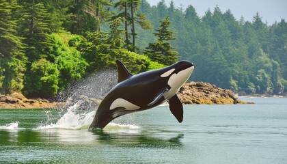 bigg s orca whale jumping out of the sea in cowichan bay vancouver island bc canada